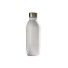White reusable water bottle with silver cap on white table against blurred palm leaves, eco-friendly lifestyle concept.
