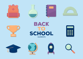 Back to school design element set on blue background. School themed flat icon illustration