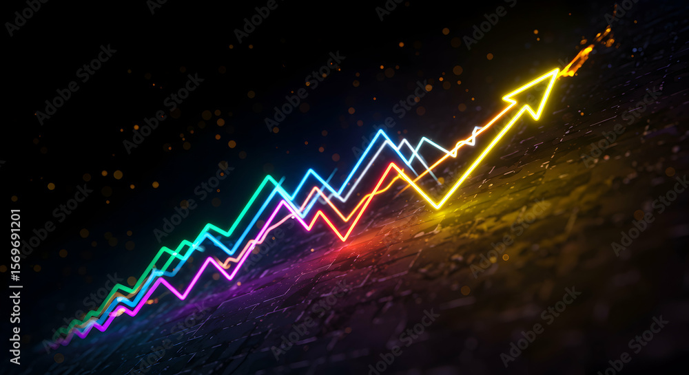 Poster abstract neon arrow graph rising upward on dark background
