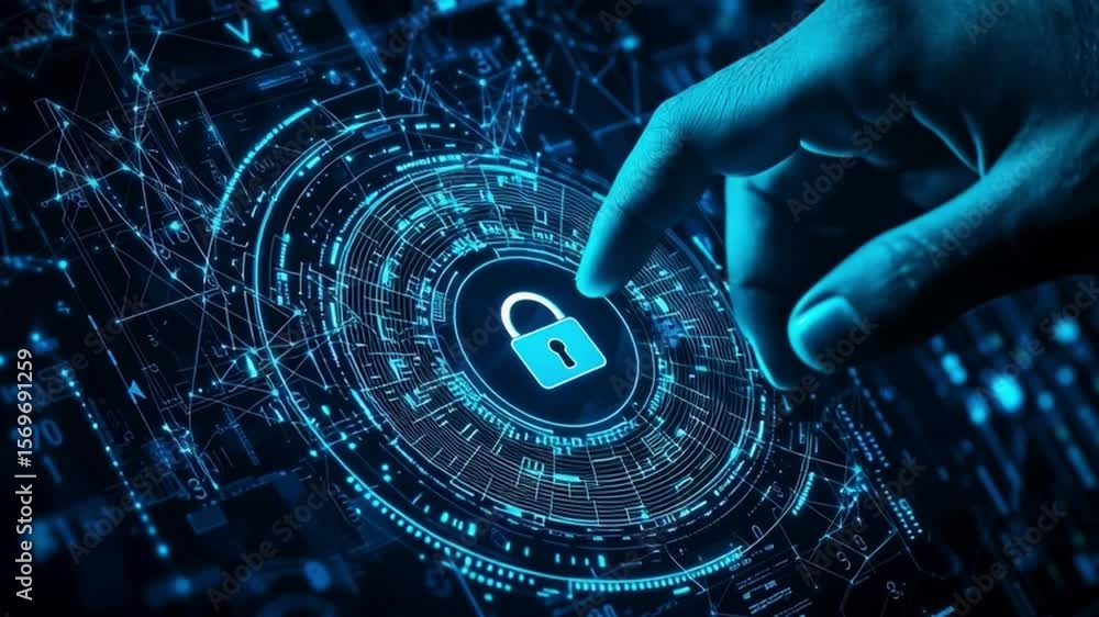 Poster a hand interacts with a digital lock symbol on a futuristic interface, representing cybersecurity an