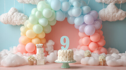 Nine Years of Joy: A vibrantly decorated cake adorned with a '9' candle stands beneath a pastel balloon arch, symbolizing a cherished milestone, captured within a whimsical, celebratory scene.