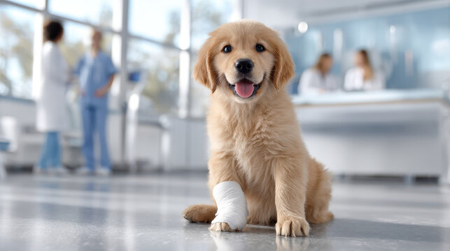 Healing Paws: A Golden Retriever puppy with a bandaged paw sits patiently in a veterinary clinic, its cheerful expression conveying resilience and trust amidst the care of medical professionals. - Powered by Adobe