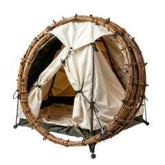 Unique circular outdoor tent with a woven wicker frame and cream fabric, symbolizing modern camping and glamping experiences.