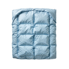 A light blue quilted sleeping bag or puffy blanket folded neatly on a white background, ready for outdoor adventures.