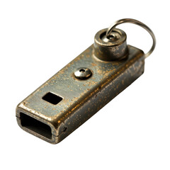 Old rusty metal survival whistle with a key ring on white background, vintage outdoor accessory.