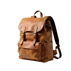 Vintage style brown leather backpack with brass buckles and multiple pockets in a studio setting, travel accessory fashion.