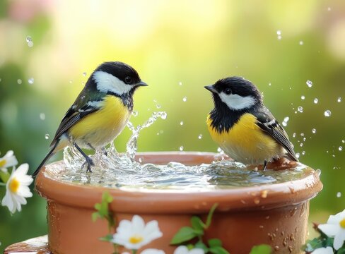 Two yellow-breasted birds bathing in a terracotta birdbath surrounded by flowers.