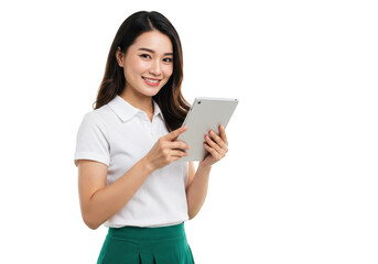 Naklejka premium Young asian woman smiling and holding a tablet computer isolated on transparent background