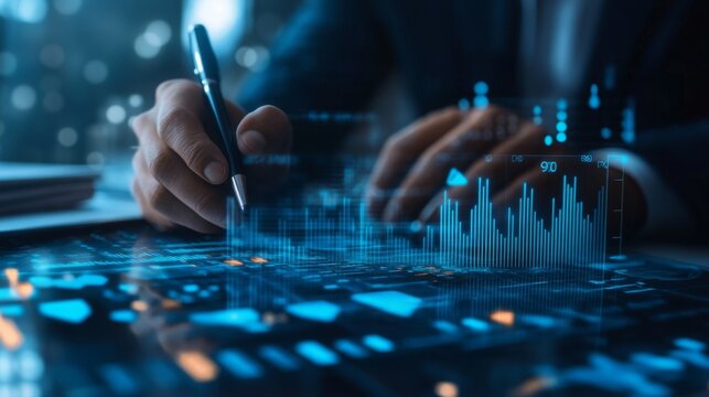 A person interacts with a futuristic digital interface displaying data charts and graphs, symbolizing technology and business analytics.