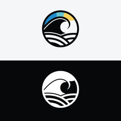 Stylized wave logo design with sun and blue sky isolated on white background
