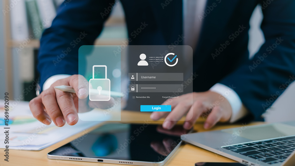 Poster businessman using virtual login interface on digital device, cybersecurity, data protection, identit