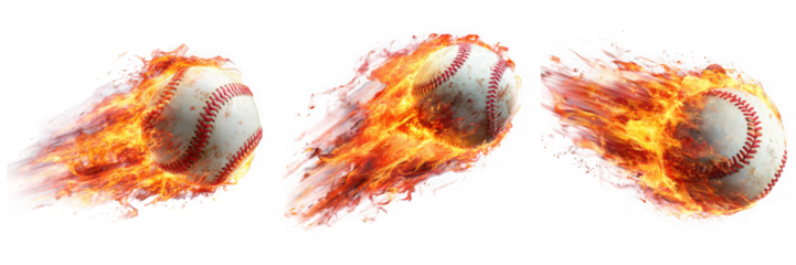 Three baseballs on fire isolated on transparent background