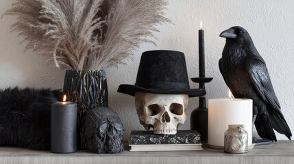 Gothic Halloween Still Life: A stylish Halloween still life featuring a human skull wearing a top hat, flanked by a black raven figurine and flickering candles.