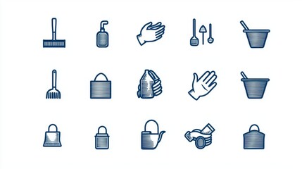 Collection of various cleaning supplies and utensils used for household chores and maintenance tasks