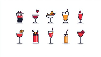 Variety of vibrant alcoholic and non alcoholic cocktail drinks served in different glassware including martinis margaritas mojitos and more