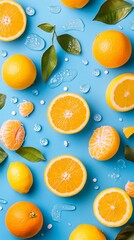Capturing the vibrant essence of fresh oranges and lemons scattered against a bright blue background, this image evokes a sense of summer freshness and zestful energy.