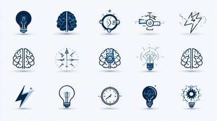 A collection of icons representing various aspects of creative thinking problem solving and innovative ideas including brain lightbulb gears and other symbolic elements