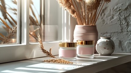 Cream jars with golden lids and dried wheat stalks decorative vase ceramic vase
