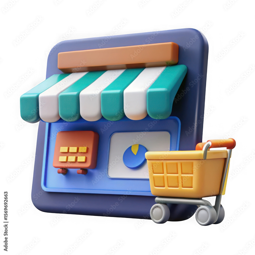 Poster 3d online store icon with shopping cart and analytics isolated on transparent background