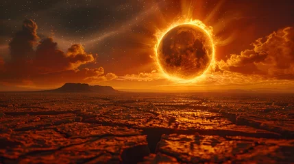 Poster Fiery celestial body illuminating barren cracked landscape under starry sky solar flare planet