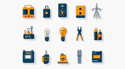 An array of electrical tools components and equipment used in the distribution of electricity including power pylons batteries meters switches and more