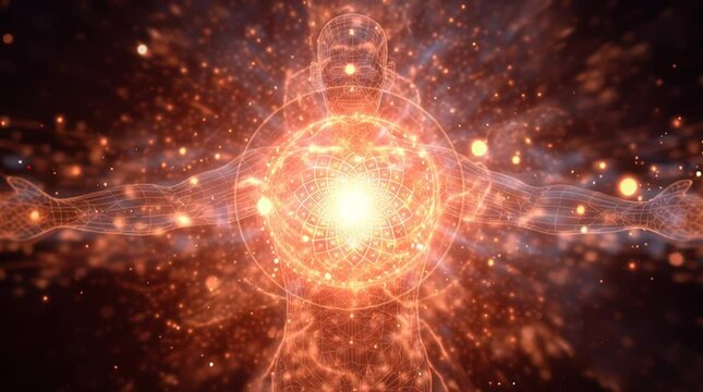 Glowing bioenergetic chakra system radiating atomic energy along a human silhouette. Futuristic and spiritual&mdash;perfect for wellness visuals, energy healing, meditation, and quantum consciousness themes