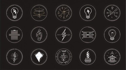 Collection of simple black and white icons representing various electrical and power related concepts including light bulbs circuits switches and other symbols of energy and technology