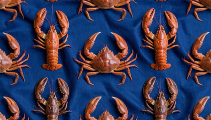 Seamless pattern of crabs and lobsters on dark blue fabric flat lay