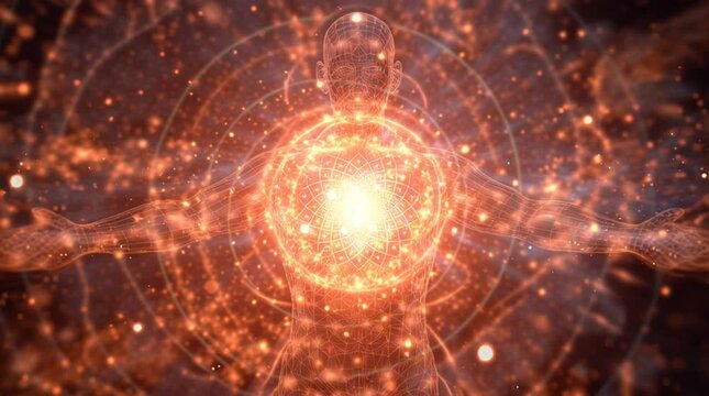 Glowing bioenergetic chakra system radiating atomic energy along a human silhouette. Futuristic and spiritual&mdash;perfect for wellness visuals, energy healing, meditation, and quantum consciousness themes