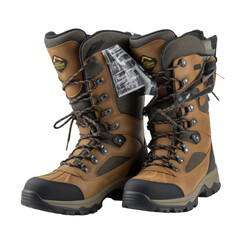 A pair of new brown and grey hiking boots with laces and tags, designed for demanding outdoor adventures. Autumn & Winter Outdoor Activities.
