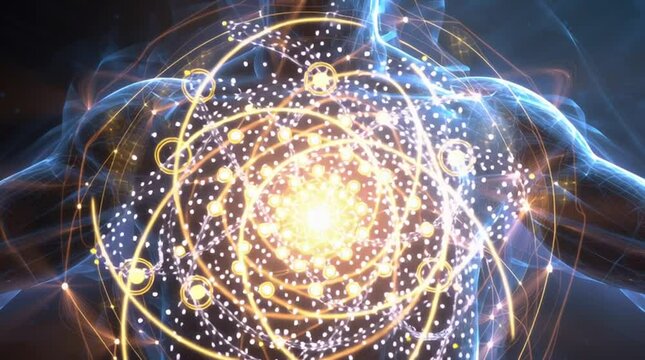 Glowing bioenergetic chakra system radiating atomic energy along a human silhouette. Futuristic and spiritual&mdash;perfect for wellness visuals, energy healing, meditation, and quantum consciousness themes