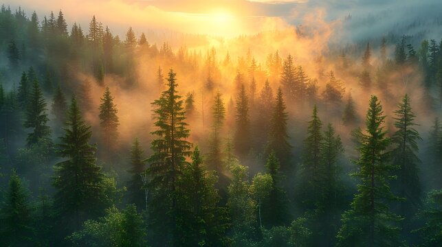 Misty forest sunrise with golden light illuminating evergreen trees pine