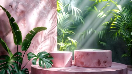 Pink concrete pedestals with lush green foliage and dappled sunlight display stands