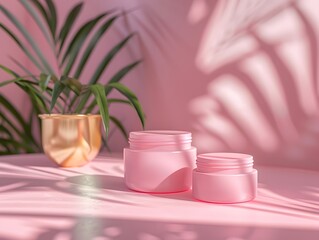 Pink cosmetic jars and golden plant pot with palm leaf shadows cream containers skincare