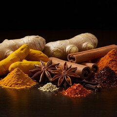 Closeup of various spices ginger roots, turmeric powder and rhizomes, cinnamon sticks, star anise, chili flakes, and ground spices. Dark background enhances colors.