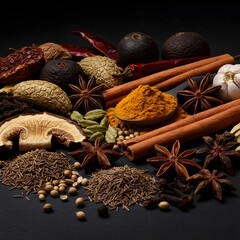 A vibrant array of spices including turmeric, cinnamon, star anise, cloves, cumin, coriander, dried chilies, and more, arranged on a dark surface.