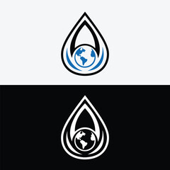 Water drop logo featuring a globe isolated on white background symbolizes environmental conservation and global sustainability