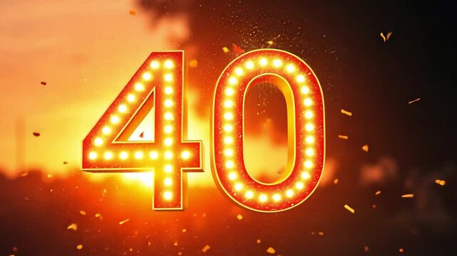 Bright illuminated number 40 against a sunset background with confetti. The scene conveys celebration and milestone events.