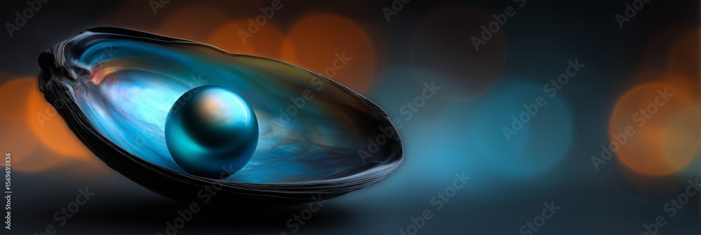 Poster a beautiful pearl resting in a shell, set against a dark bokeh background with muted colors.
