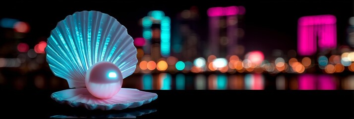 A luminous pearl nestled in a shell, set against a dark bokeh background with colorful lights.