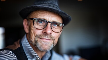 Middle-aged bearded man wearing glasses and a hat, smiling confidently in a modern setting