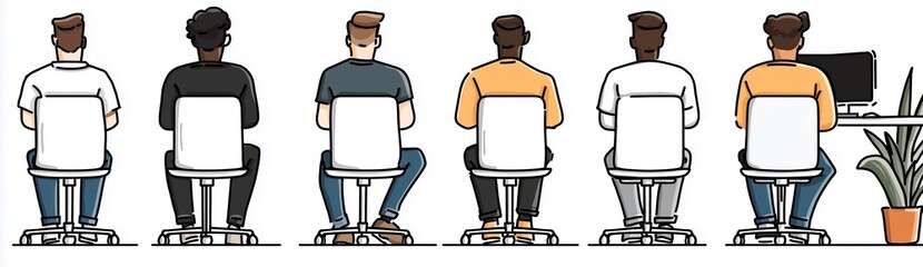 Back view of diverse individuals seated at desks, focused on their work in a modern office setting isolated on white wide illustration company poster or banner