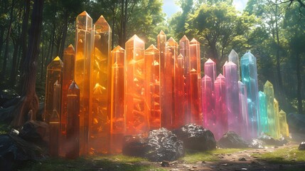 Vibrant forest crystals glowing with rainbow hues nature sunlight