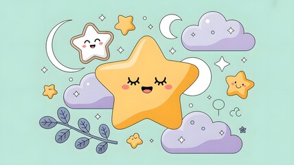 Whimsical pastel sky with smiling stars and clouds moon