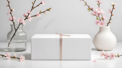 White box with rose gold ribbon and pink blossoms cherry blossoms floral arrangement