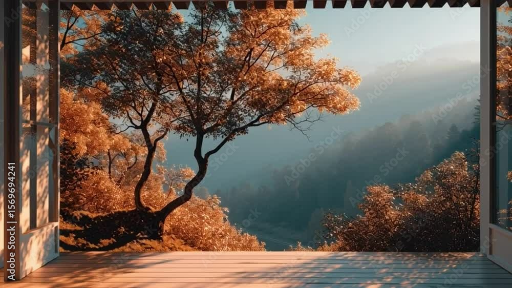 Poster a serene view of nature through an open window, showcasing trees and soft lighting, creating a peace