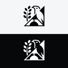A minimalist logo featuring a falcon perched on a branch, isolated on white background