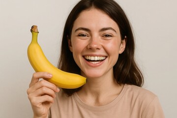 Smiling woman holding banana, Smiling young Caucasian woman holds a ripe yellow banana in hand against light background. Healthy eating, nutrition, and lifestyle concept