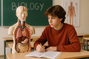 Student studying biology with anatomical model, Teenage boy studies biology in classroom beside detailed anatomical human torso model showing internal organs. Education and anatomy learning concept