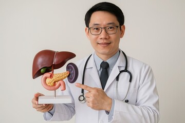 Doctor showing digestive organ model, Asian male doctor in lab coat points to anatomical model of liver, pancreas, and spleen. Medical education and digestive system awareness concept